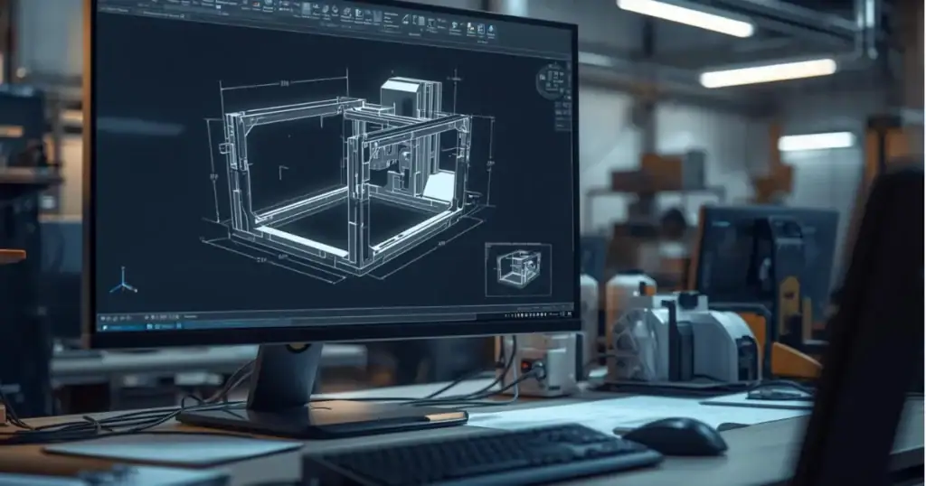 Photorealistic industrial engineering workstation, large monitor displaying 3D CAD model of custom CNC machine frame with GD&T annotations visible, precision machined aluminum components on desk, technical drawings in background, clean modern manufacturing office environment, professional lighting with soft shadows, high detail mechanical engineering aesthetic, 16:9 aspect ratio, no text or logos, sharp focus on screen and parts, metallic textures, blue and silver color palette