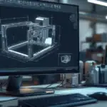 Photorealistic industrial engineering workstation, large monitor displaying 3D CAD model of custom CNC machine frame with GD&T annotations visible, precision machined aluminum components on desk, technical drawings in background, clean modern manufacturing office environment, professional lighting with soft shadows, high detail mechanical engineering aesthetic, 16:9 aspect ratio, no text or logos, sharp focus on screen and parts, metallic textures, blue and silver color palette