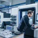 Vue rapprochée de la broche d'un centre d'usinage vertical CNC avec superposition de graphiques de mesure numérique, environnement d'ingénierie de précision, éléments de visualisation de données montrant les métriques de performance, style photographique industriel, arrière-plan d'installation de fabrication propre, éclairage d'atelier dramatique, détail photoréaliste, sans texte ni logos, image héro professionnelle pour site web de fabrication B2B