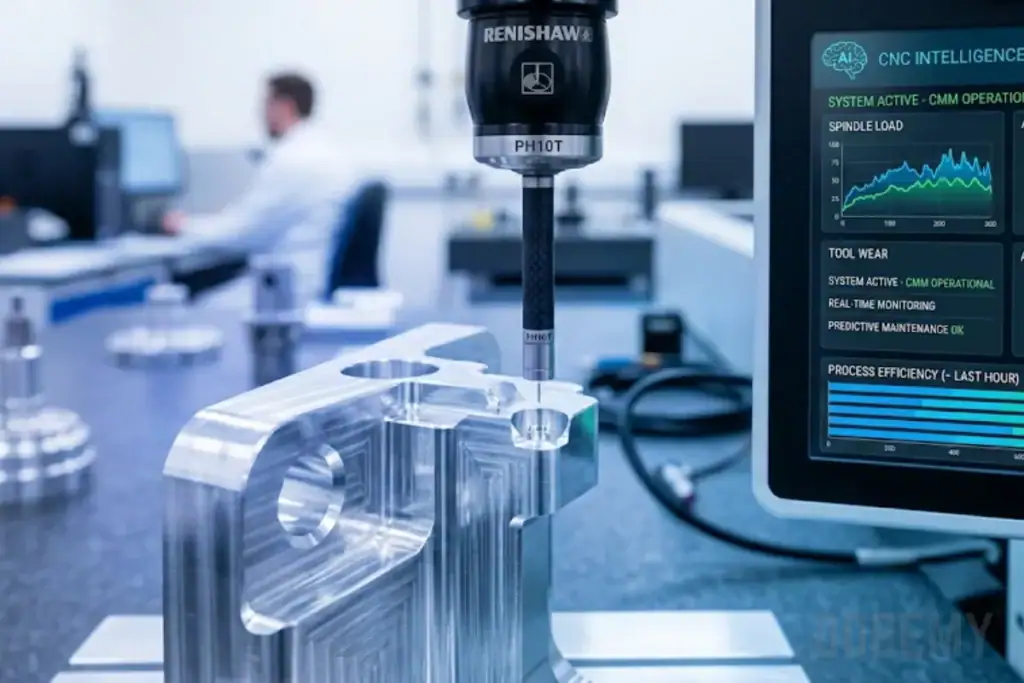 Panel sterowania CNC zasilany AI wyświetlający alerty konserwacji predykcyjnej i metryki wydajności maszyny