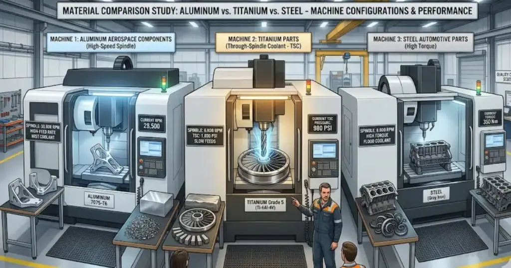 آلات CNC عالية الدقة تحلل مكونات الألومنيوم والتيتانيوم والفولاذ.