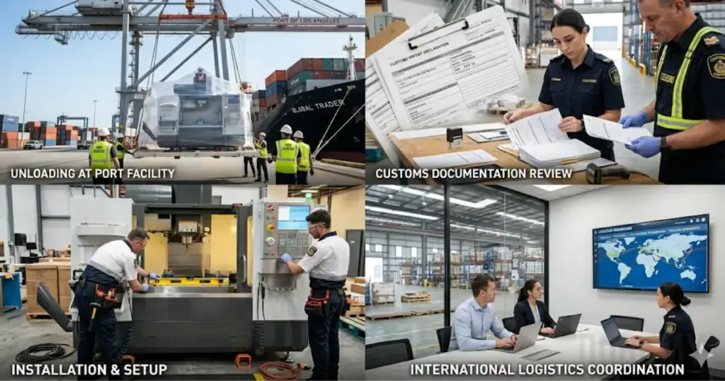 مركز الخيوط CNC الحديث يتم تفريغه في منشأة ميناء مع حاويات الشحن، مسؤولو الجمارك يراجعون الوثائق، أخصائيون تقنيون ينفذون أعمال التركيب