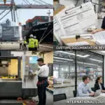 مركز الخيوط CNC الحديث يتم تفريغه في منشأة ميناء مع حاويات الشحن، مسؤولو الجمارك يراجعون الوثائق، أخصائيون تقنيون ينفذون أعمال التركيب