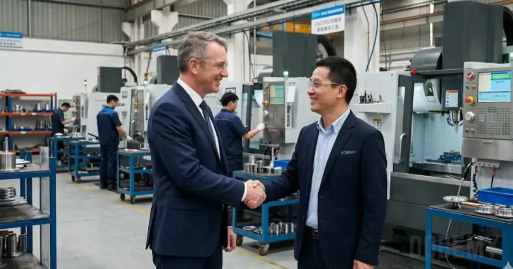 مصافحة مهنية بين مسؤول تنفيذي غربي وممثل مورد CNC صيني في منشأة تصنيع حديثة