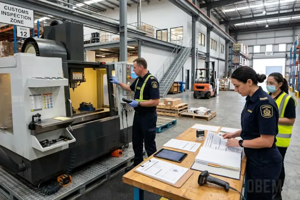 Guida all'importazione di apparecchiature CNC che mostra il processo di sdoganamento con ispettori e documentazione.