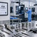 instalación de fabricación CNC de dispositivos médicos que muestra instrumentos quirúrgicos mecanizados de precisión y componentes de implantes fabricados en acero inoxidable y titanio