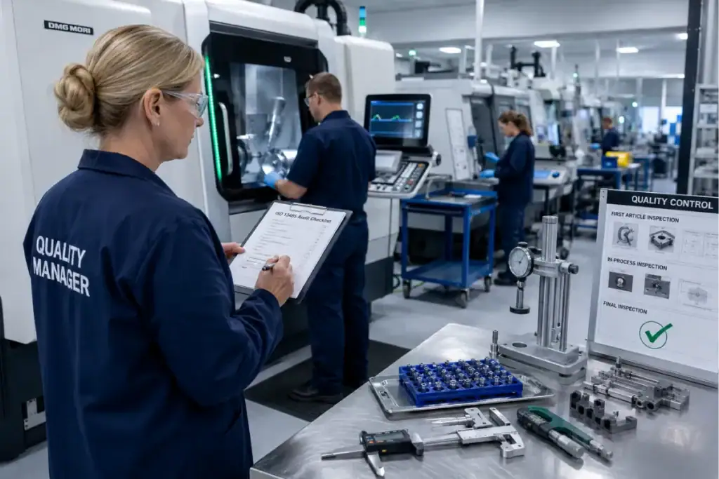 وثائق الامتثال لأجزاء الأجهزة الطبية CNC تظهر شهادات ISO 13485 وتقارير اختبارات المواد FDA 510k.