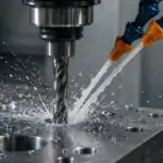 Close-up of CNC machine performing precision drilling operation on steel plate with coolant flow