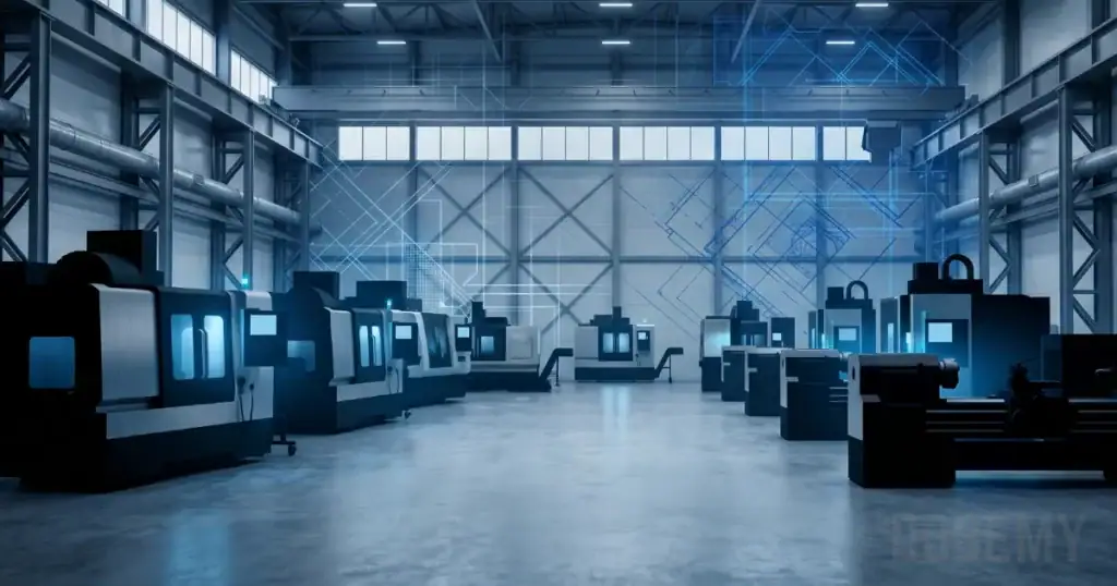 Industrial concept image showing multiple CNC machine silhouettes in a modern factory setting