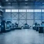 Industrial concept image showing multiple CNC machine silhouettes in a modern factory setting