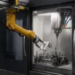 Vue d'ensemble d'un centre de perçage vertical avec un chargeur de portique monté au-dessus, en milieu de cycle, plaçant un support en SUS304 sur le dispositif de fixation.