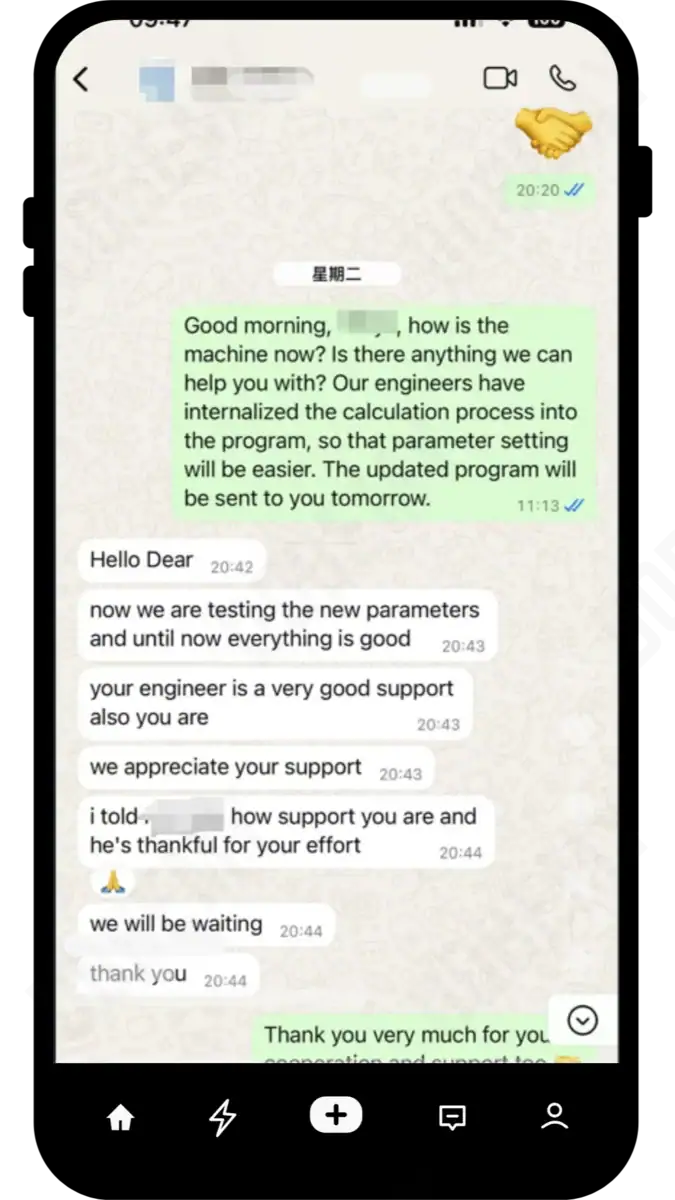 В разговоре по WhatsApp инженеры Dobemy высоко оценили поддержку и оптимизацию параметров